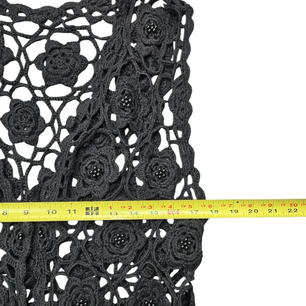 Vintage Crochet Beaded Black Vest Floral Handmade Cotton M L - Picture 7 of 7
